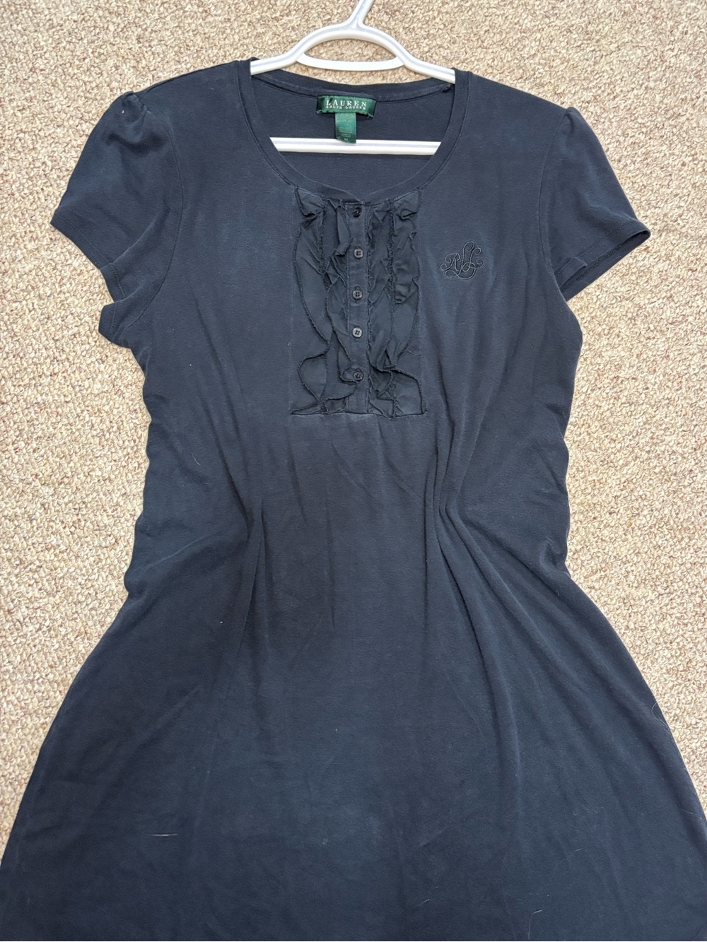 Lauren By Ralph Lauren Black Ruffle-Front Henley Short-Sleeve T Shirt Dress